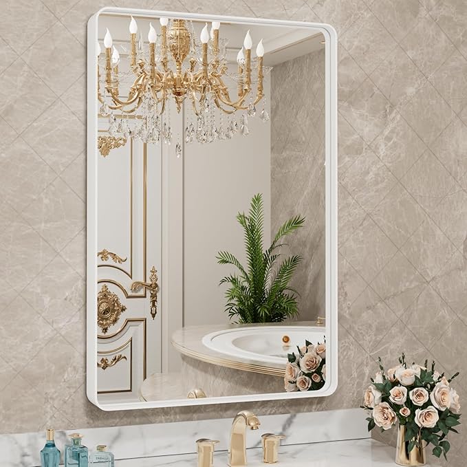 LOAAO 32x36 Inch White Metal Framed Bathroom Mirror for Wall, White Bathroom Vanity Mirror Farmhouse, Large Rounded Rectangle Mirror, Anti-Rust, Tempered Glass, Hangs Horizontally or Vertically