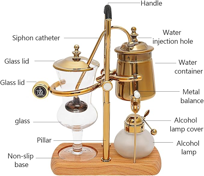 DEIGEHJRE Belgian/Belgium Family Balance Siphon/Syphon Coffee Maker, Elegant Double Ridged Fulcrum with Tee handle (Classic Gold,400ml/13.53oz)