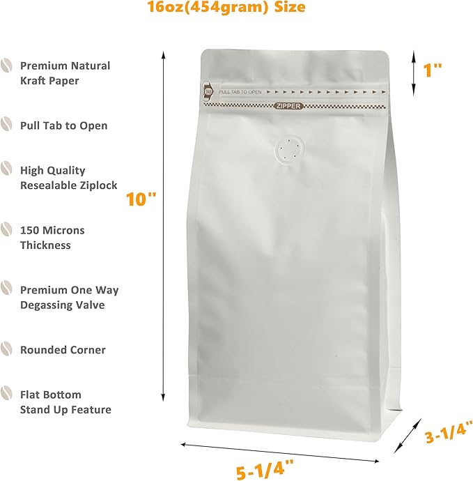 White Kraft Coffee Bags with Side Gusset, Resealable Stand-Up Coffee Pouches with Side Zipper, Degassing Valve for Coffee (Size: 5.25 x 10", 16oz/1lb, Pack of 100)