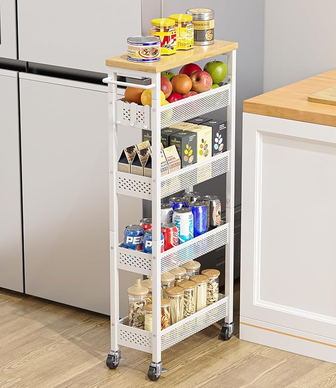 Giwil Slim Storage Cart 5 Tier Narrow Kitchen Rolling Cart on Wheels for Small Space, Metal Utility Cart Narrow Bathroom Storage Cabinet Mobile Shelf Unit Organizer with Wood Top and Handle, White