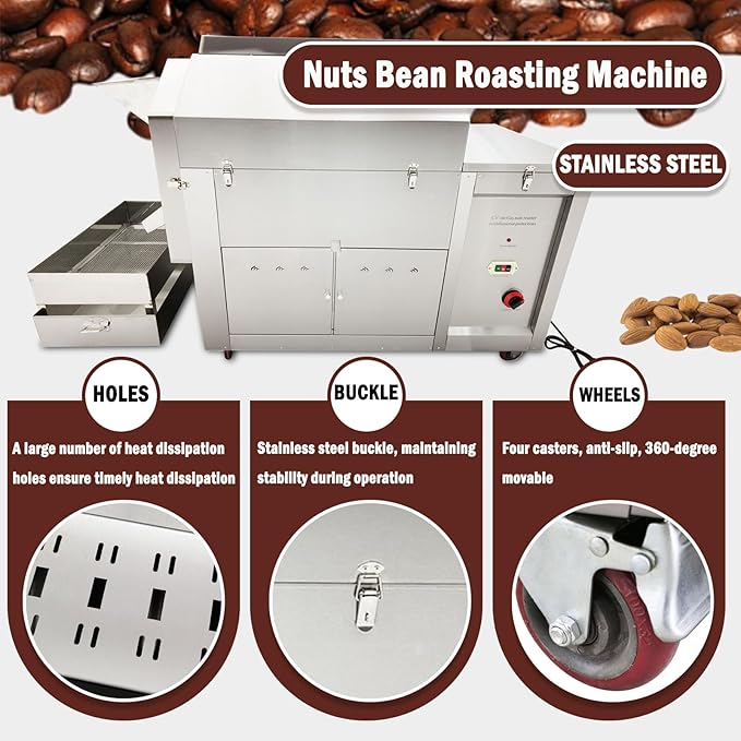 LGXEnzhuo Full-Automatic Stainless Steel Coffee Roaster 110LBS Drum Rotary Roasting Machine 0-300℃ Gas Type Nuts Bean Roasting Machine 220V/1PH