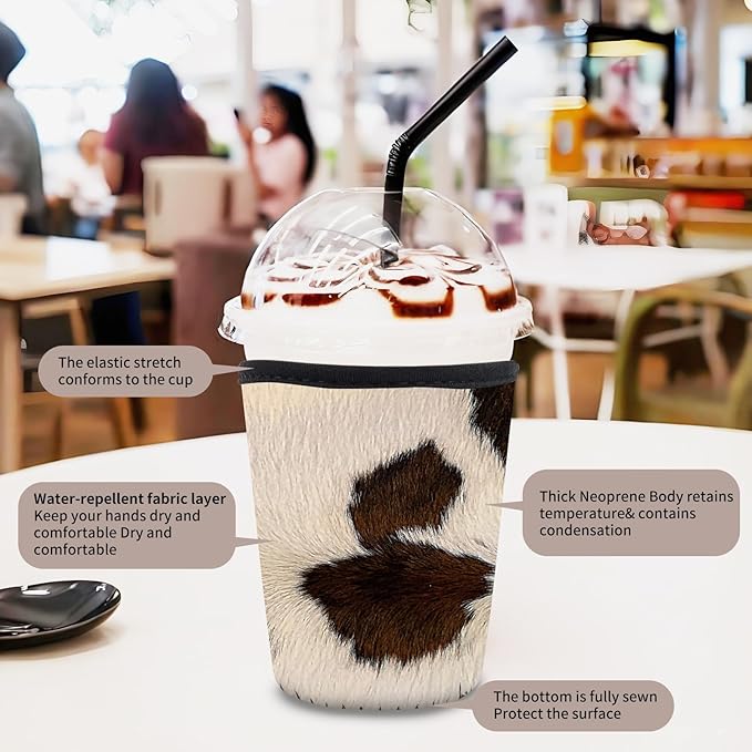 3 Pack Reusable Neoprene Insulator Sleeve for Iced Coffee Cups, Funny Coffee Cup Sleeves for 16-32oz Coffee cups, Cute Drink Sleeve for Cold Hot Beverages Cute Cow Print