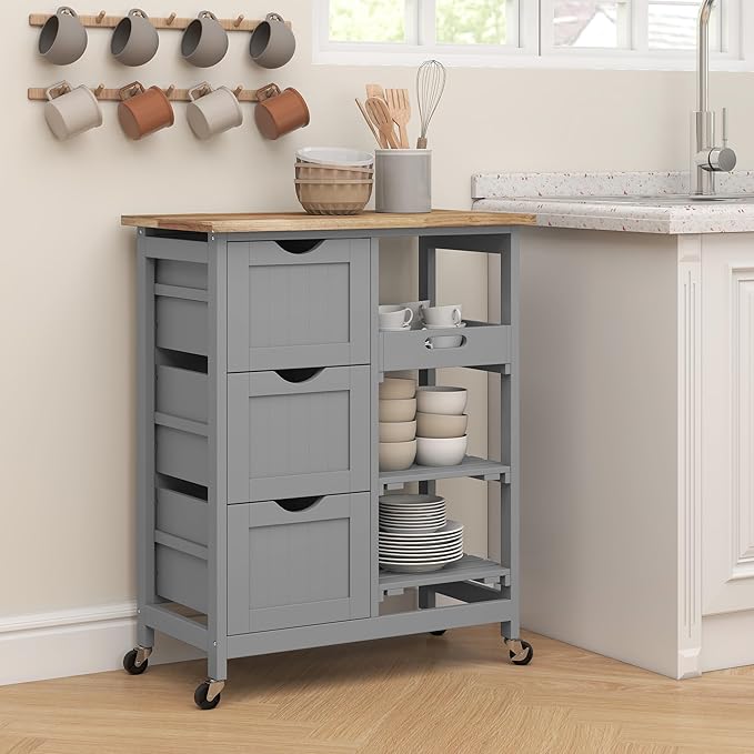 HOMCOM Rolling Kitchen Island Cart, Bar Serving Cart, Compact Trolley on Wheels with Wood Top, Shelves & Drawers for Home Dining Area, Gray