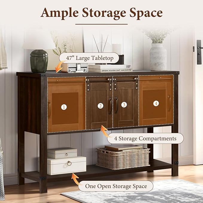 4ever2buy Farmhouse Coffee Bar Cabinet with Storage, 47'' Coffee Bar Table with Sliding Barn Door, Buffet Cabinet with Metal Mesh Doors, Console Table with Bottom Open Shelf, Brown