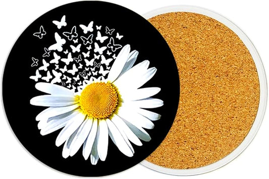 2Pack Daisy Butterfly Ceramic Coasters Absorbent Coasters for Drinks with Cork Base, Coaster for Table Office Desk Decor Coffee Cup Wine Beer Bar Cup Mat 3.9 Inch, Daisy Gifts for Women, Men, Dad