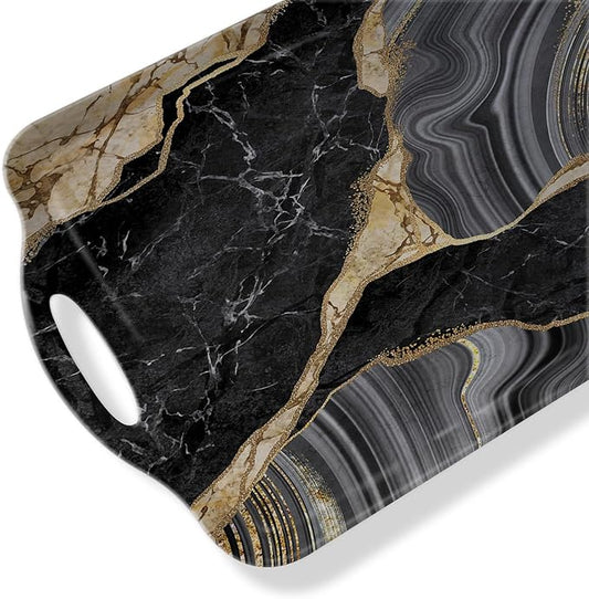 Serving Tray Decorative Tray with Handles Multi-Purpose Rectangular Serving Trays for Restaurant, Parties, Coffee Table, Kitchen - Black and Gold Marble Pattern