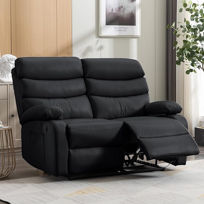 Reclining Loveseat, PU Leather Double Recliner Sofa with Side Pocket, Wall Hugger Loveseat Recliner for Living Room, RV, Home Theater(Black)