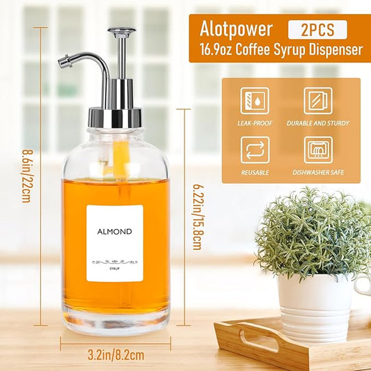 Coffee Syrup Dispenser 16.9 Oz 2 Pack, 500ml Glass Bottle with Sliver Pump for Coffee Bar, Includes 36 Stickers - Reusable Syrup Bottles