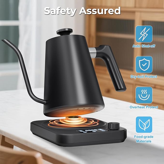 Gooseneck Electric Kettle, ±1°F Temperature Control, Smart Altitude Adaptation, 24H Keep Warm, 30-Min Auto Memory, Food Grade Stainless Steel, Pour Over Kettle for Coffee and Tea, 1200W/1.0L