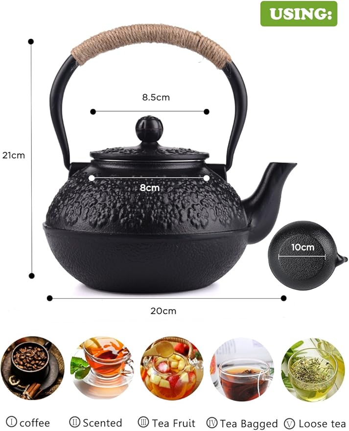 Sotya Cast Iron Teapot, 40oz/1200ml Japanese Tetsubin Tea Pot with Infuser for Loose Leaf and Tea Bags, Tea Kettle Coated with Enameled Interior for Stove Top, Black