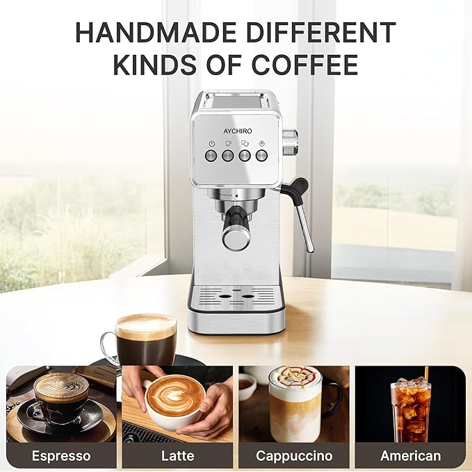 Espresso Machine with Steam Milk Frother, Adjustable Espresso Machine 20 Bar, Compact Espresso Maker for Latte & Cappuccino,Detachable Water Tank/Drip Tray