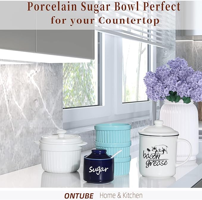 ONTUBE Ceramic Sugar Bowl with Lid and Spoon,Porcelain Sugar Pot,8oz (Navy)
