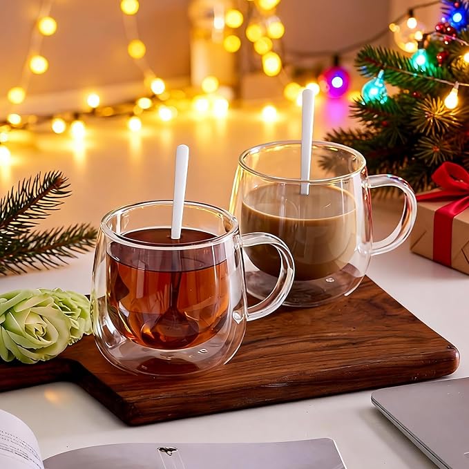 Double Wall Insulated Latte Glasses 10oz with Handle - Set of 1, Clear Glass Mugs for Cappuccino, Espresso, Tea & Hot Drinks