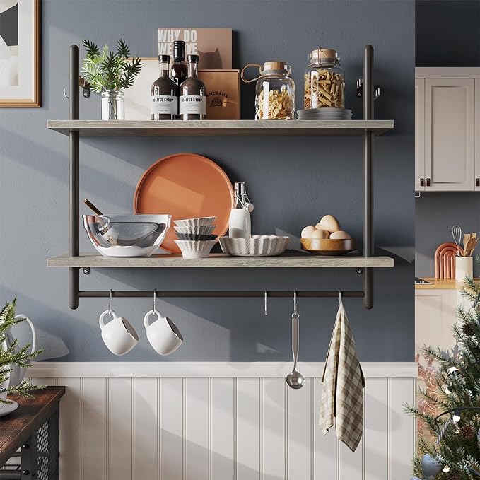 Bestier Pipe Shelf Industrial Floating Shelving 31" Kitchen Wall-Mounted Shelves with 8 Towel Bar Hooks Coffee Bar Shelf Wine Hanging Display Rack Bookshelf Living Room Decor Bathroom-Retro Grey