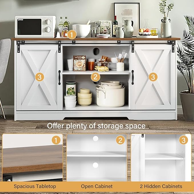 4 EVER WINNER Farmhouse Coffee Bar Cabinet, 59" Buffet Cabinet with Storage & Sliding Barn Doors, Kitchen Storage Cabinet, Coffee Station, Living Dining Room, White