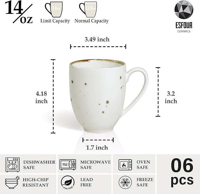Coffee Mugs Set Of 6, 14 Oz Large Handle Heavy Duty Cups - Microwave Dishwasher Safe - Latte, Cappuccino, Tea, Cocoa, Mocha - Men, Women, Home Office Daily Use, Classic Assorted Colors