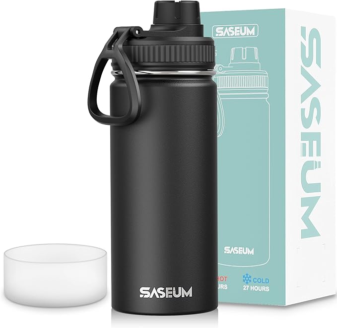 SASEUM Kids Sport Water Bottle 16oz Stainless Steel Double Wall Vacuum Thermal Mug with Leak Proof Spout Lids, Wide Mouth Metal Insulated Water Jug for Gym and Travel（Black）