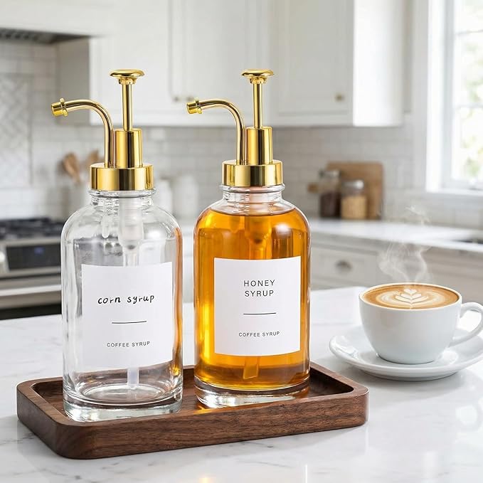 2 Pack Coffee Syrup Dispenser, 16.9 oz 500 ml Coffee Pump Dispenser, Glass Syrup Bottle with 36 Labels and Golden Pumps, Soap Dispenser for Coffee Bar Accessories, Caramel