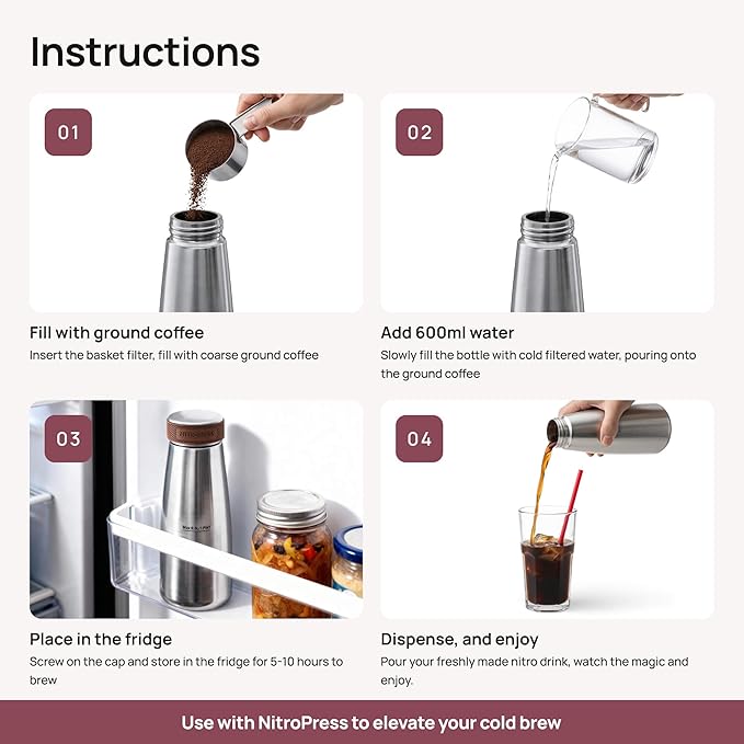 NitroPress Cold Brew Coffee Maker – Stainless Steel Home Brew Kit for Coffee and Tea with 200 Micron Filter Basket and Storage Cap - Perfect for Cold Brew at Home