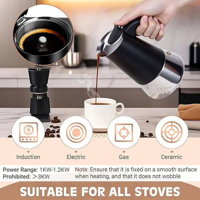Suiitat Moka Pot, 6 Cups (10.6 oz) Stovetop Espresso Maker, 304 Stainless Steel Moka Pot, Induction Compatible, Black