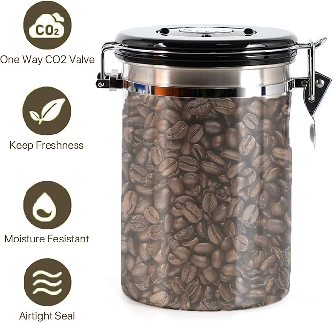 SUEIANNMN1.8L Coffee Canister Airtight, 26oz Coffee Storage Container Stainless Steel Air Tight Coffee Jar with Scoop, Date Tracker, 2 Extra CO2 Release Valve for Beans Ground Tea Flour Sugar (Sliver)