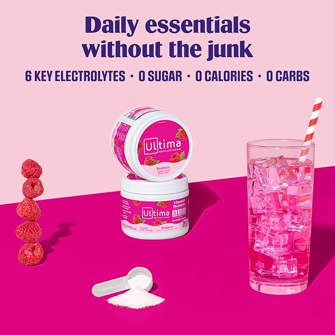 Ultima Replenisher Daily Electrolyte Powder Drink Mix – Sugar Free – Raspberry, 30 Servings – Hydration Powder with 6 Key Electrolytes and Trace Minerals – Keto Friendly, Vegan, Non-GMO