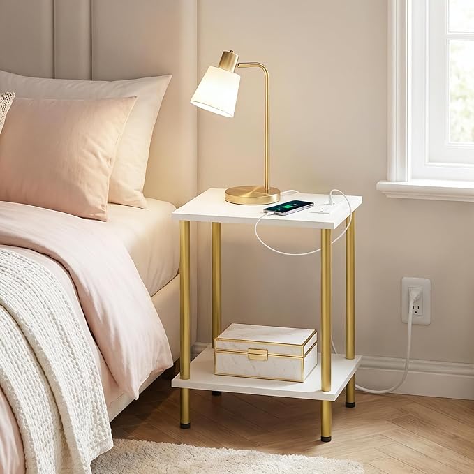 HOOBRO Side Table with Charging Station, Set of 2 End Tables with USB Port and Outlets, Nightstand with 2-Layer Storage Shelves for Small Spaces, Living Room, Bedroom, White and Gold DW09UBZP201