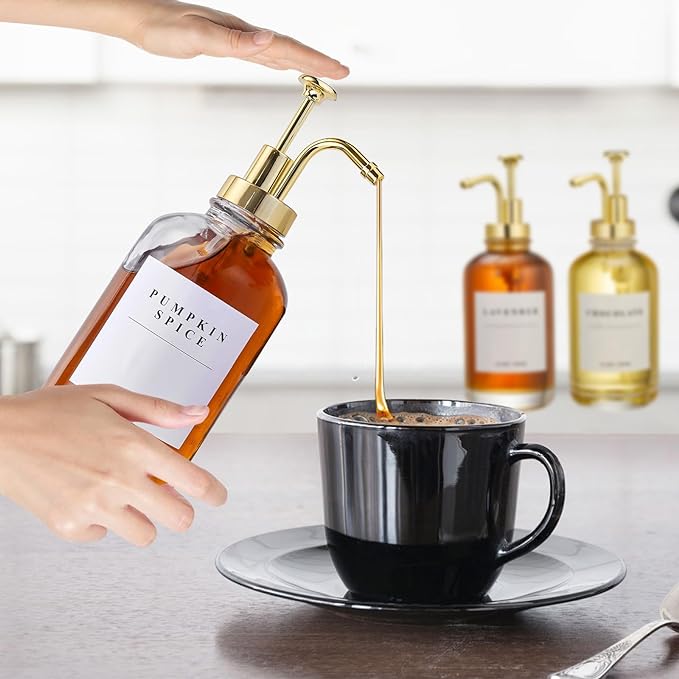 Coffee Syrup Dispenser for Coffee Bar, Coffee Syrup Pump Dispenser, Glass Syrup Bottle with Gold Upgraded Pump, 4 Pack 16.9 oz 500 ml Syrup Dispensers, 28 Labels and 2 Bamboo Tray
