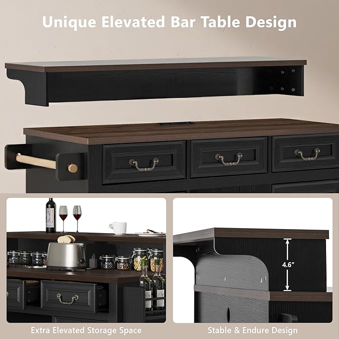 Rolling Kitchen Island with Two-Tier Bar Counter and Power Outlets, 3 Drawers & 4 Door Shelves, Mobile Kitchen Cart with Storage Cabinets & Locking Wheels for Dining Room & Kitchen, 53-Inch, Ash Black