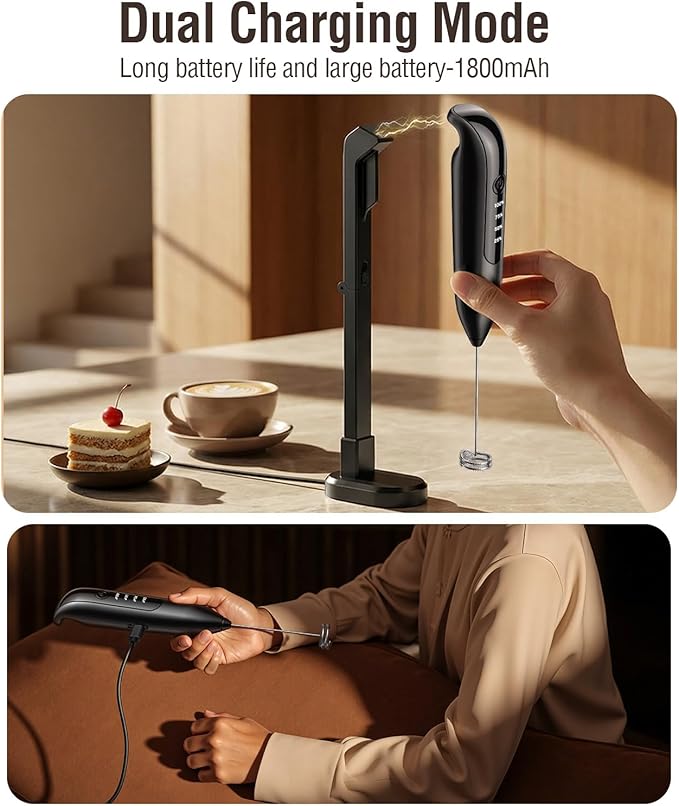 Electric Milk Frother Handheld: Rechargeable 3 in 1 - LED Digital Display with 3 Speeds Portable Stainless Steel Drink Foam Mixer for Milk Coffee, Lattes, Valentine's Day gifts - Onyx Black