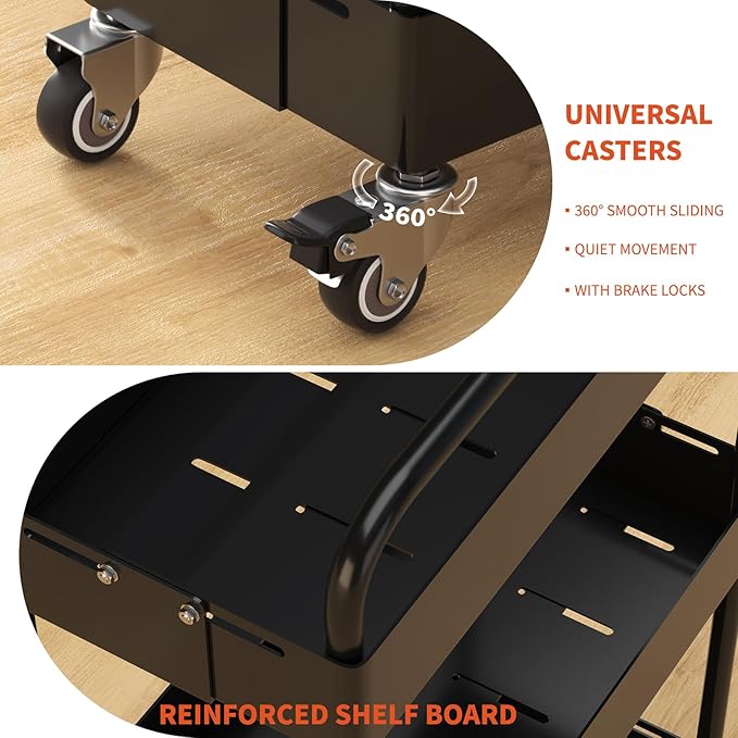HOTEAGLE 3-Tier Rolling Cart Metal Expandable Utility Carts with Wheels, Ideal Storage Organizer for Livingroom, Bedroom, Kitchen and Bathroom, Black