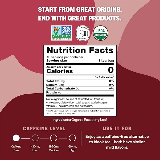 FGO Organic Red Raspberry Leaf Herbal Tea, 40 Count, Eco-Conscious Tea Bags, Caffeine Free (Pack of 1)