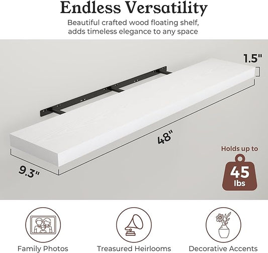 Floating Shelves for Wall, 9.3" Deep Wall Mounted Wood Shelves for Bathroom, Bedroom, Living Room, Kitchen, Hanging Shelf for Books/Storage/Room Decor (White 40")