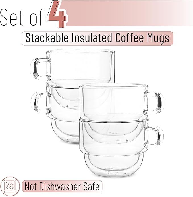 BTaT- Double Walled Stackable Glass Coffee Mugs, 12 oz, Set of 4, Glass Coffee Cups with Handle, Insulated Clear Coffee Mug for Hot and Cold Beverages, Cappuccino, Latte, Tea, Americano