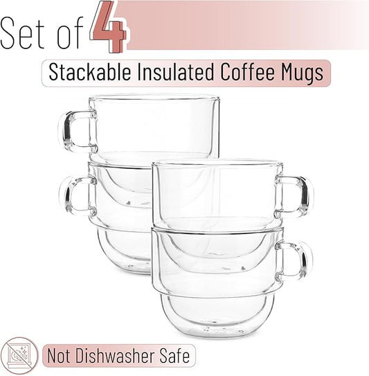 BTaT- Double Walled Stackable Glass Coffee Mugs, 12 oz, Set of 4, Glass Coffee Cups with Handle, Insulated Clear Coffee Mug for Hot and Cold Beverages, Cappuccino, Latte, Tea, Americano