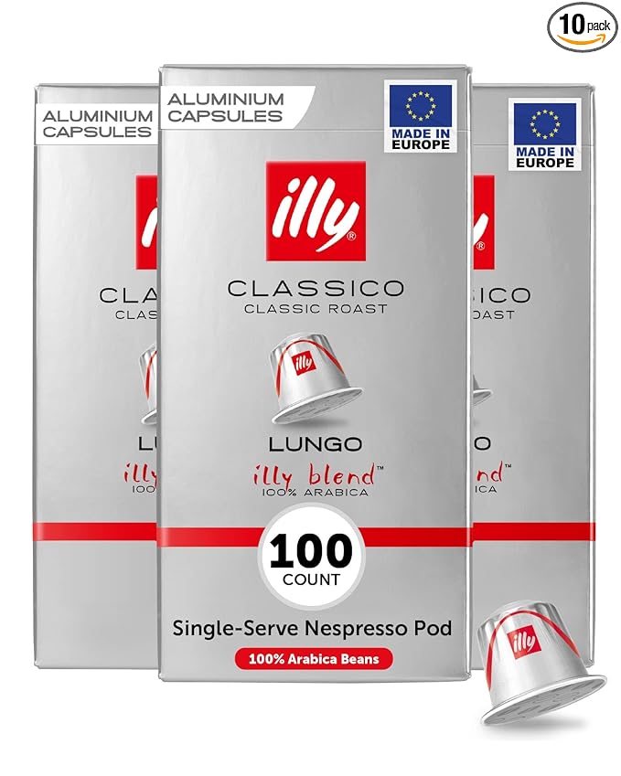 illy Espresso Compatible Capsules, Coffee Pods for Nespresso Original Line Machine, Classico Lungo Medium Roast, 100% Arabica, Premium Italian Coffee, Single Serve, 10 Count, 10 Pack