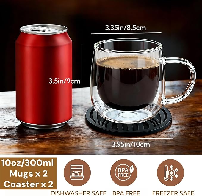 Glass Coffee Mugs Set Of 2, 10oz Double Walled Insulated Glass Mugs with Handle and Coaster, Heat Resistant Borosilicate Clear Glass Cups for Espresso Latte Cappuccino, Tea Bag, Beverage