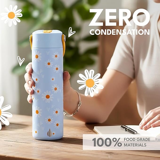 Elemental 24oz Insulated Water Bottle with Straw - 100% Leak-Proof Stainless Steel Core Water Bottles for Travel, Sports and Gym - Double Wall Insulation & BPA Free - Daisy Daydream