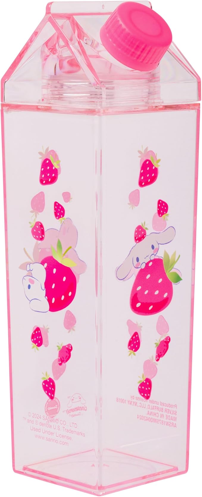Silver Buffalo Sanrio Hello Kitty and Friends Featuring Cinnamoroll and Strawberries Plastic Pink Milk Carton Pitcher Bottle, 16.2 Ounces