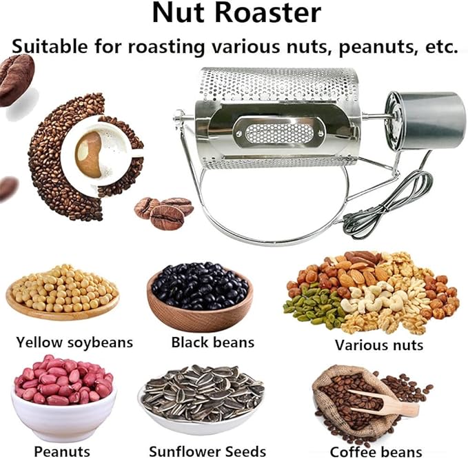 Coffee Roaster Machine for Home Use, Stainless Steel Roasting Machine with Visible Window and Stainless Steel Tray, Speed 30 Rum/Min, 250g Capacity for Grains Baking Nuts Beans