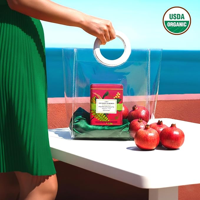 Life Plus Style Gourmet The Secret Garden Organic Pomegranate Green Tea Natural Caffeinated Herbal Leaf 50 Tea Bags Gift Tin USDA Certified Non-GMO Sugar Free Green Tea
