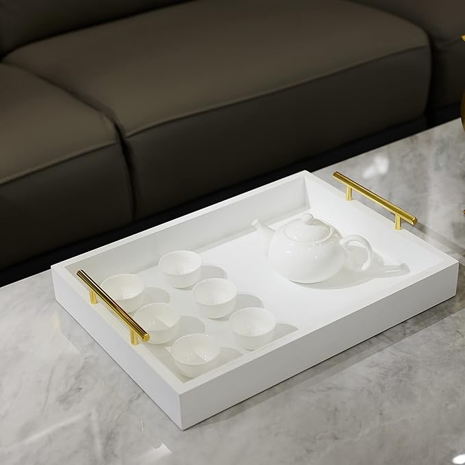 16"x12" Serving Trays with Handles, White Decorative Serving Tray, Ottoman Trays, Living Room, Bathroom, and Outdoors Decorative Trays (White)