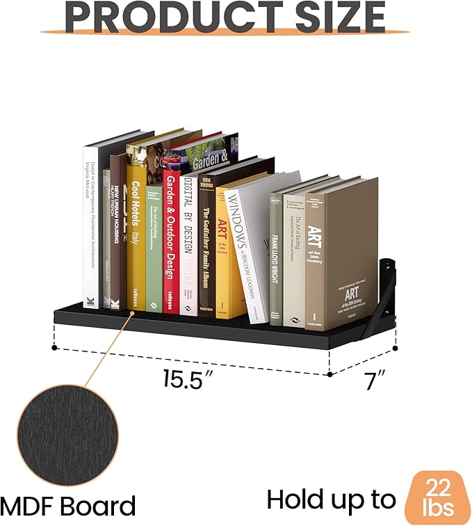 upsimples Floating Book Shelves for Wall, 15.7 Inches Wood Shelves for Living Room, Bathroom, Bedroom, Kitchen Storage and Decoration, Black