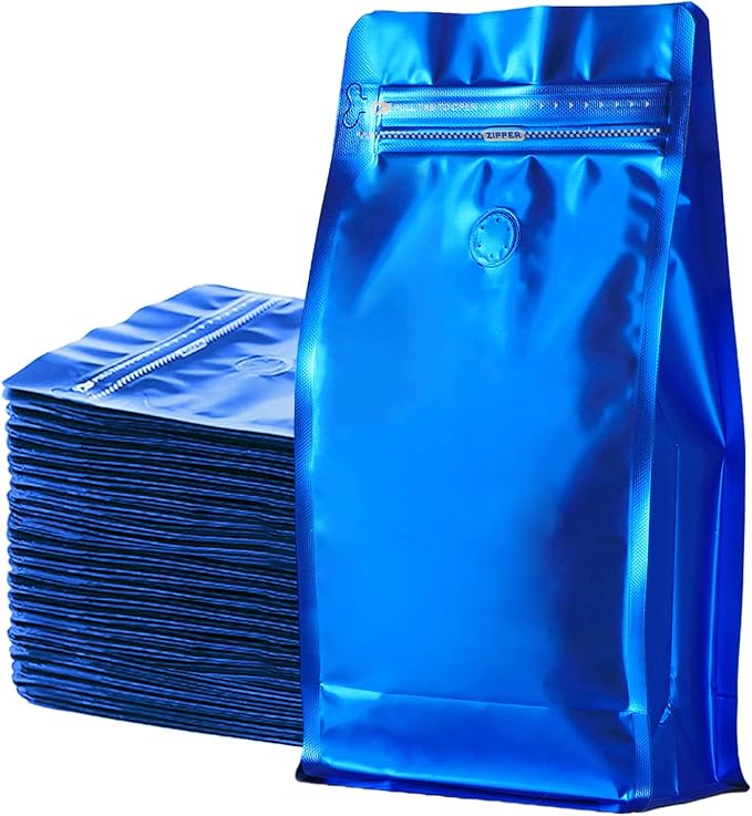 Coffee Bags with Valve(12 oz,3/4 lb,100pcs) Navy High Barrier Aluminumed Foil Flat Bottom Heat Sealed Coffee Beans Packaging Bags Side Zipper Resealable Bags for Home or Business
