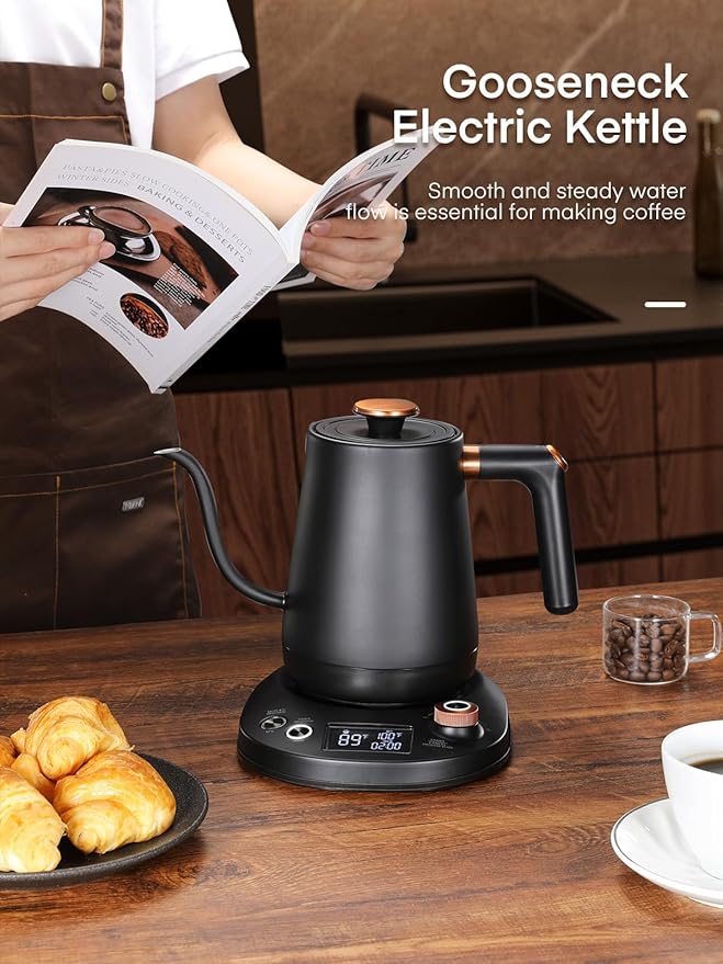 Electric Gooseneck Kettle, Tea Kettle ±1℉ Temperature Control, 0.8L Pour Over Electric Kettle for Coffee & Tea, Hot Water Boiler, Stainless Steel Inner, 1200W Rapid Heating,LCD Display,Matte Black