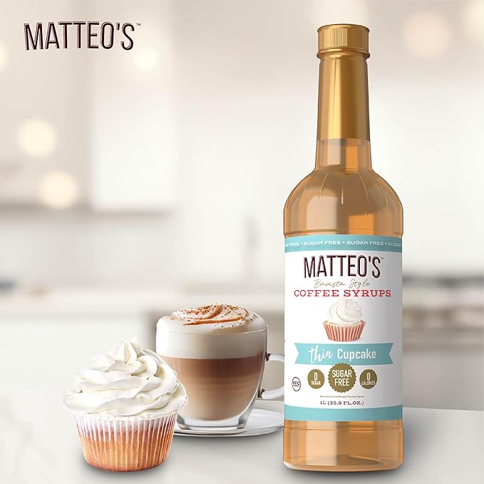 Matteo's Cupcake Syrup for Coffee, Lattes, Cappuccinos & Desserts – Sugar-Free Sweetener for Beverages, Keto Friendly, Zero Calories, Indulgent Flavor, Non-Alcoholic, Ideal for Hot Drinks 33.8oz (6pk)