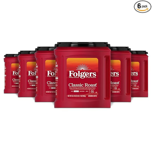 Folgers Classic Roast Ground Coffee, Medium Roast, 33.7 Oz. Canister (Pack of 6)