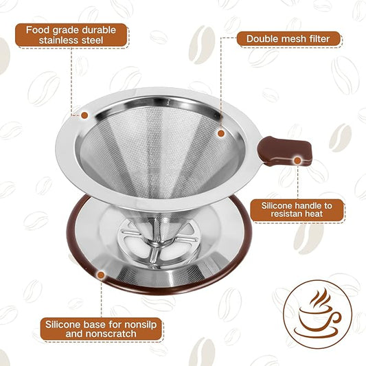 Pour Over Coffee Dripper，Reusable Stainless Steel Drip Cone Coffee Filter, Update Double Ultra Fine Micro Mesh Filter, Professional Paperless Drip Brew Coffee Cone Maker with Cup Stand,1-2 Cup