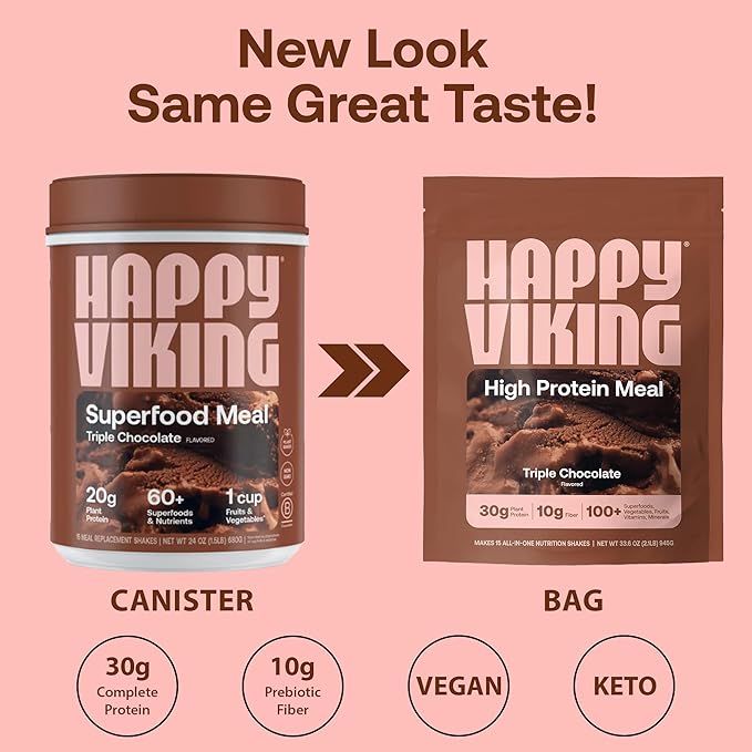 Happy Viking Plant-Based Protein Powder +100 Superfoods Chocolate Meal Replacement Shake, Created by Venus Williams, 30g Plant Protein, 10g Fiber, Vegan, Gluten-Free, Non-GMO, 15 Meals