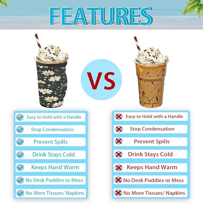 Reusable Iced Coffee Cup Sleeve Butterfly Daisy Neoprene Insulated Sleeves Cup Holder with handle Idea for 16oz - 18oz